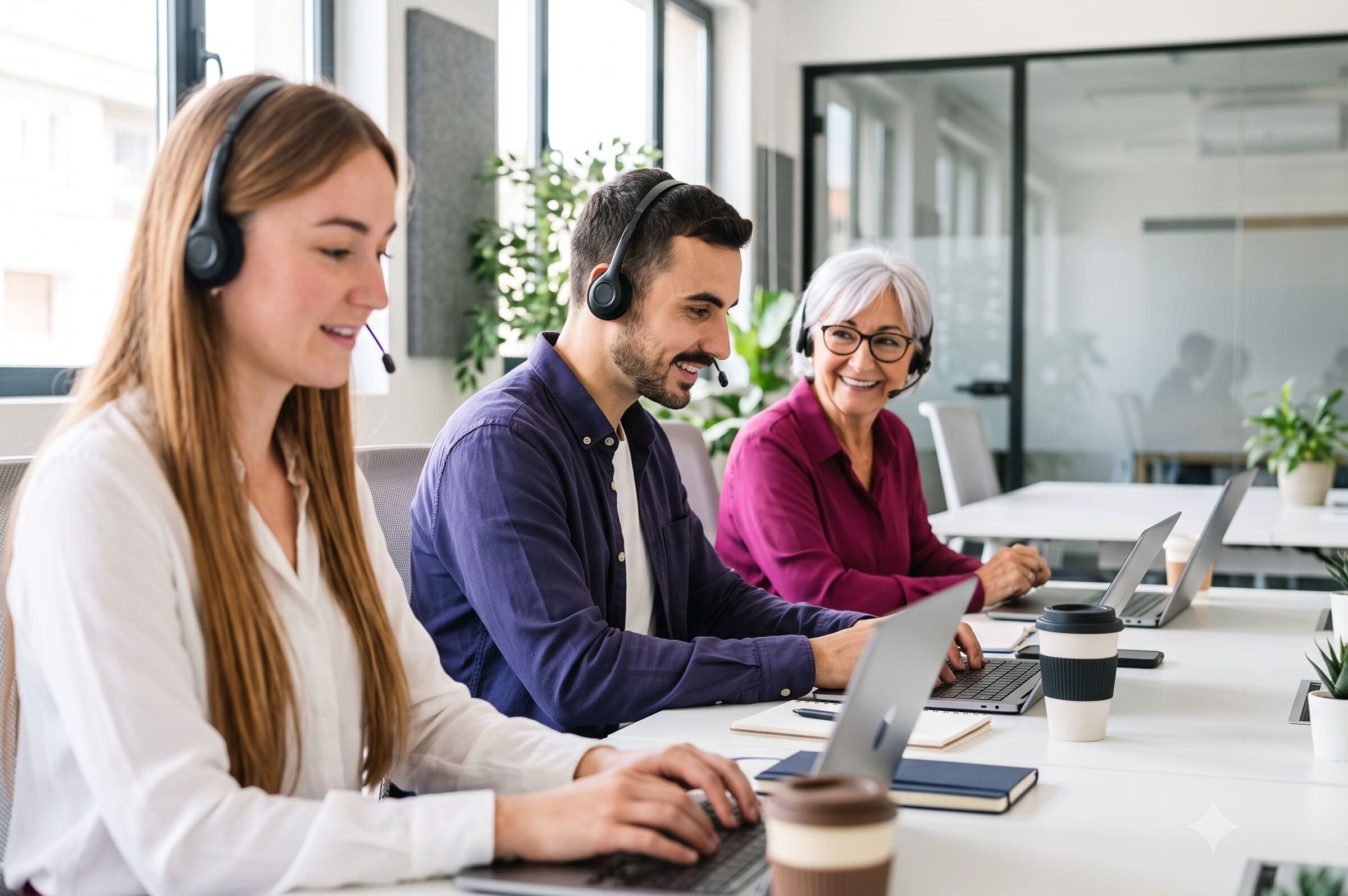 Customer support team with headsets working at computers